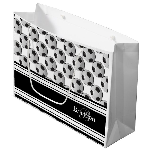 Personalise Black and White Soccer Balls Large Gift Bag (Front Angled)
