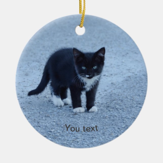 Personalise Black and white Tuxedo kitten Ceramic Ornament (Front)