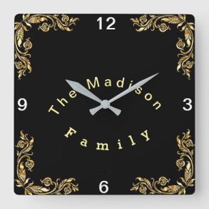 Personalise Black Background Gold Floral Border Square Wall Clock