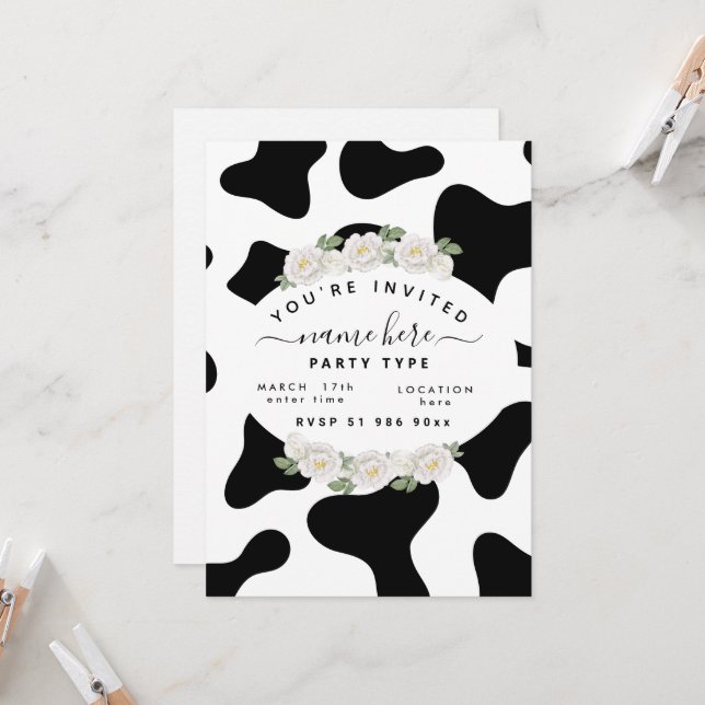 Personalise black cow print invitations (Front/Back In Situ)