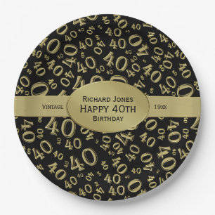 Personalise: Black/Gold 40th Birthday Party Theme Paper Plate