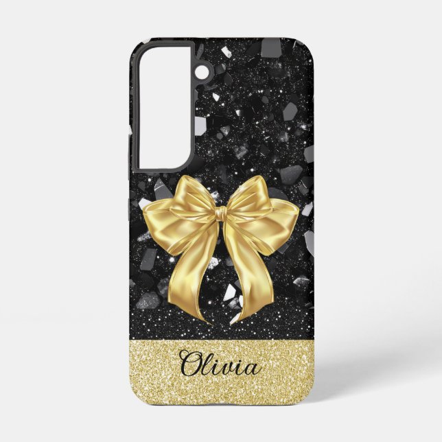 Personalise Black & Gold Glitter Print W/Bow  Samsung Galaxy S22 Case (Back)