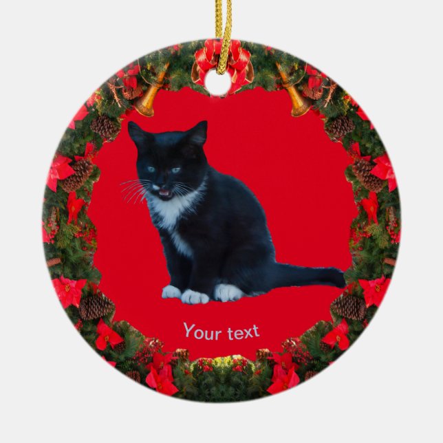 Personalise Black Kitten Tuxedo sitting Meows  Ceramic Ornament (Front)