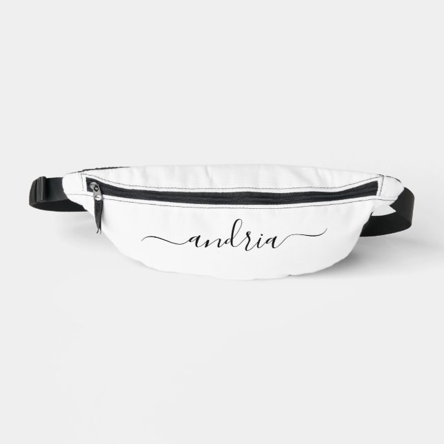 Personalise Black Script Name on White Bum Bags (Front)