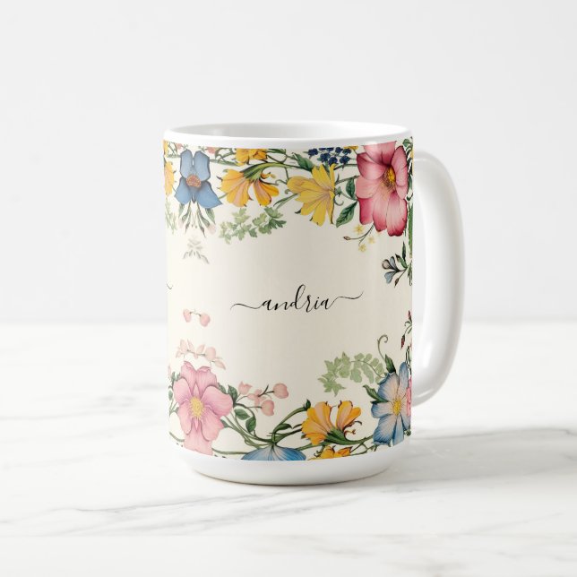 Personalise Black Script Name, Vintage Wildflowers Coffee Mug (Front Right)