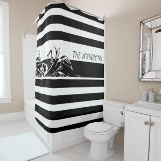 Personalise Black Stripe Monogram Shower Curtain
