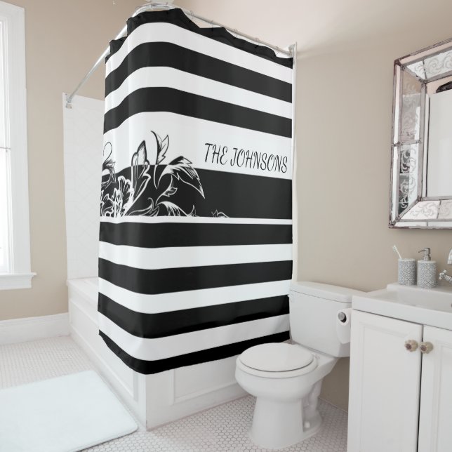 Personalise Black Stripe Monogram Shower Curtain (In Situ)