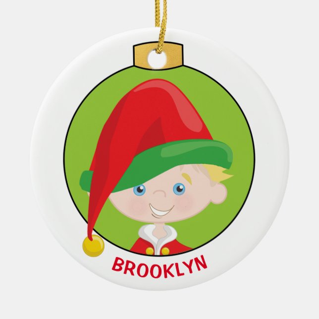 Personalise Blonde Boy Elf Ceramic Ornament (Front)