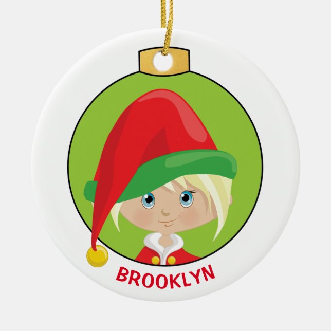 Personalise Blonde Girl Elf Ceramic Ornament (Front)