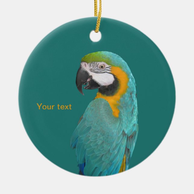 Personalise Blue and Gold Macaw portrait Ceramic Ornament (Front)