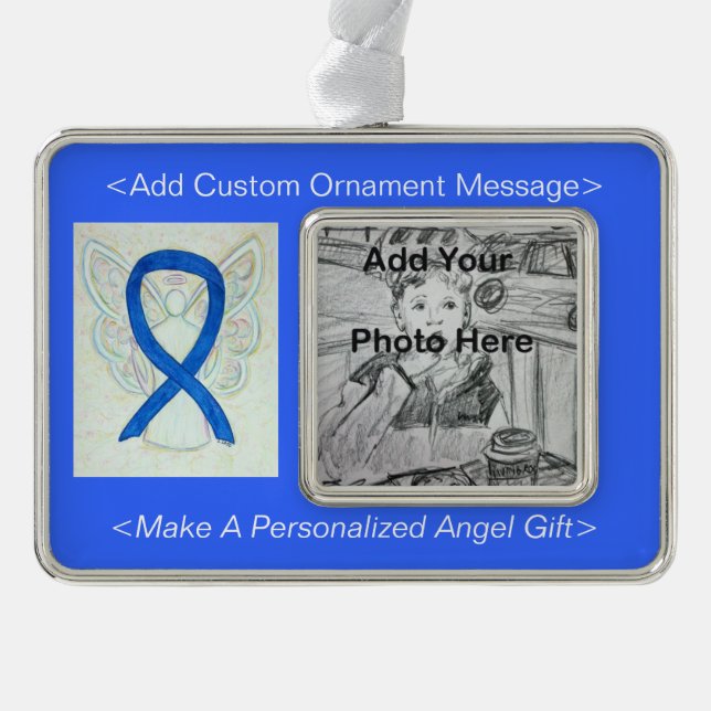 Personalise Blue Awareness Ribbon Angel Ornament (Front)