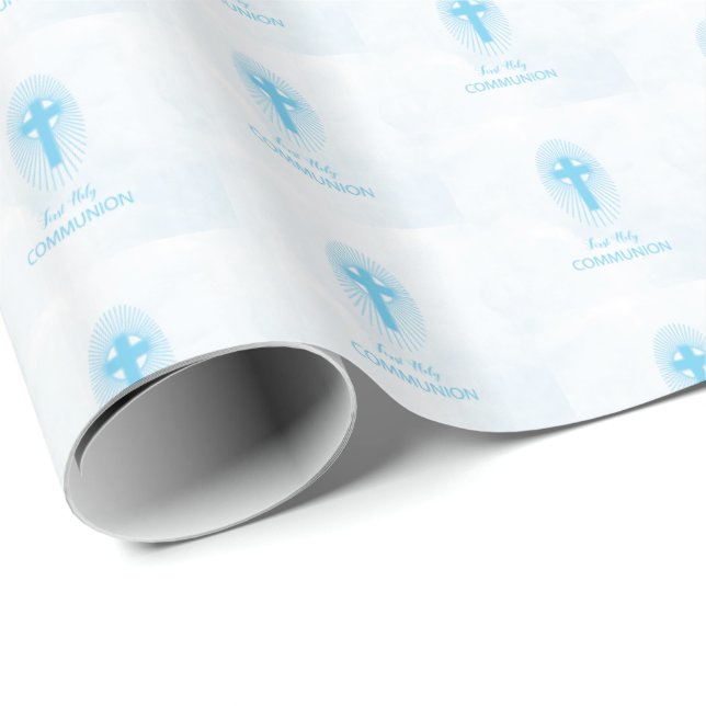 Personalise, Blue Boy First Holy Communion Cross Wrapping Paper (Roll Corner)