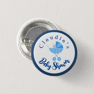 Personalise Blue Carriage Baby Shower Favour   3 Cm Round Badge