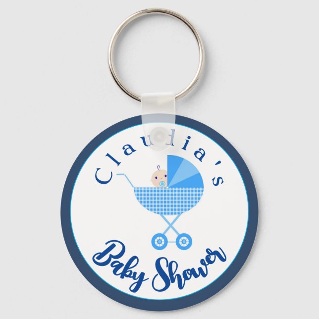 Personalise Blue Carriage Baby Shower Favour Key Ring (Front)