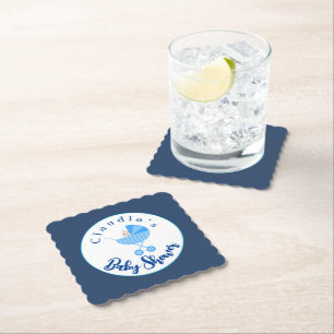 Personalise Blue Carriage Baby Shower Paper Coaster