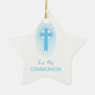 Personalise, Blue First Holy Communion Cross Host Ceramic Ornament