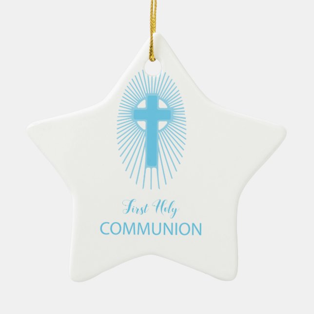 Personalise, Blue First Holy Communion Cross Host Ceramic Ornament (Front)