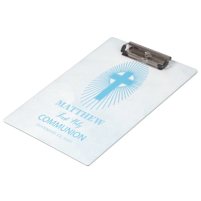 Personalise, Blue First Holy Communion Cross Host Clipboard (Angled)