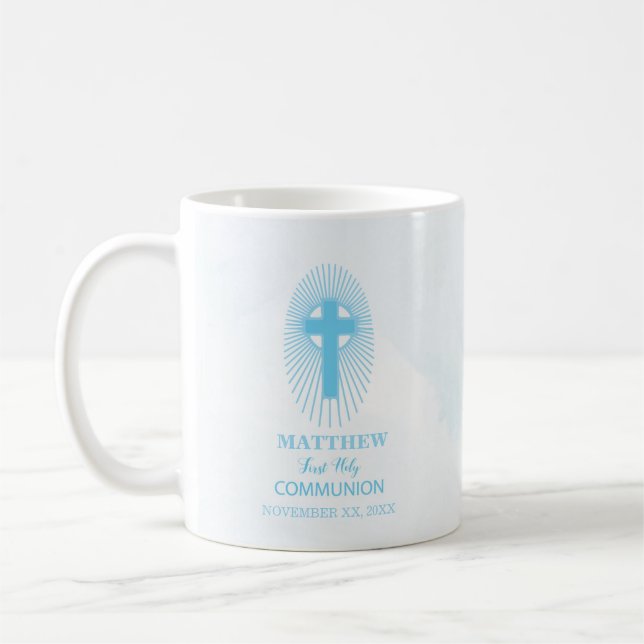 Personalise, Blue First Holy Communion Cross Host Coffee Mug (Left)