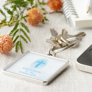 Personalise, Blue First Holy Communion Cross Host Key Ring