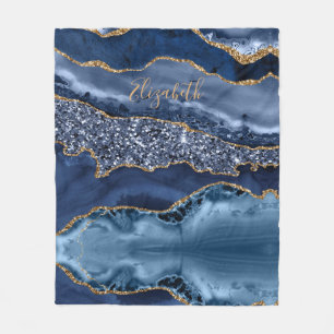 Personalise Blue Gold Glitter Agate Marble Trendy  Fleece Blanket
