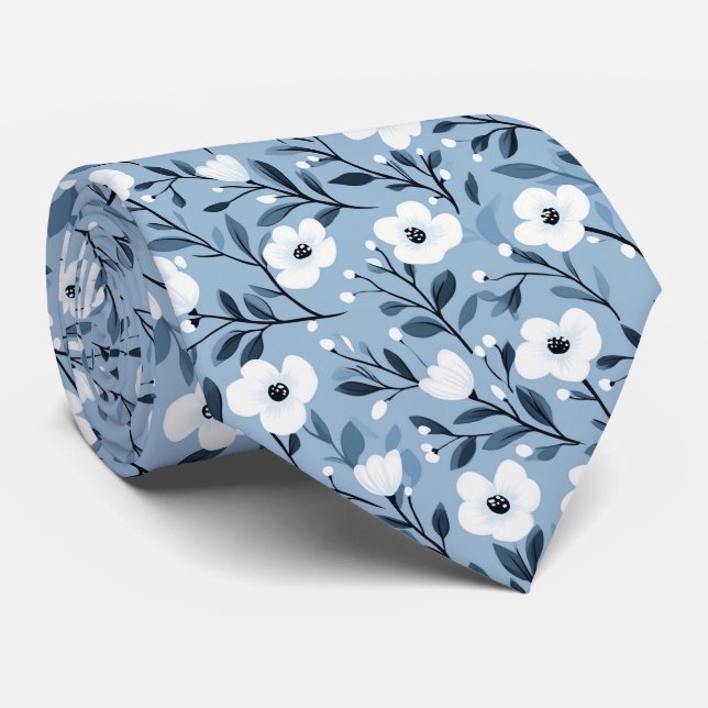 Personalise Blue White Bold Botanical Floral Tie (Rolled)