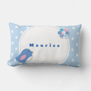 Personalise Blue White Polka Dot Bird Cute Flower Lumbar Cushion