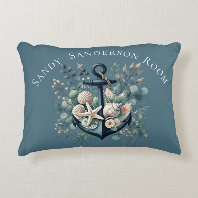 Personalise Boho Blue Coastal Anchor Round   Decorative Cushion (Front)