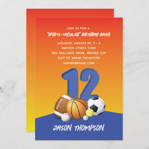 Personalise Boy 12th Birthday Fun Sports Balls  Invitation