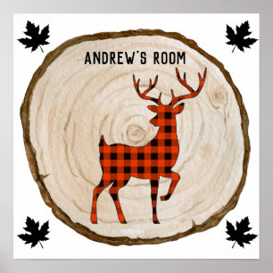 Personalise Boy Buffalo Plaid Wood Slice Rustic Poster