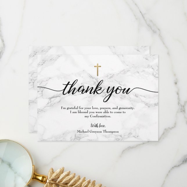Personalise boy Confirmation Marble Gold cross Thank You Card (Front/Back In Situ)
