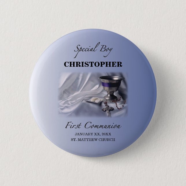Personalise, Boy, First Communion Blue 6 Cm Round Badge (Front)