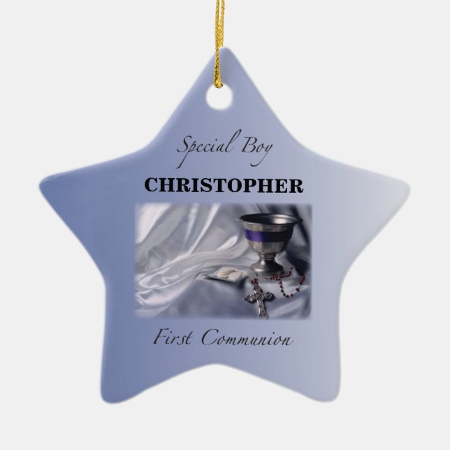 Personalise, Boy, First Communion Blue Ceramic Tree Decoration (Front)