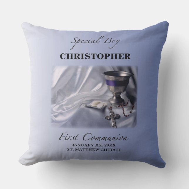 Personalise, Boy, First Communion Blue Cushion (Front)