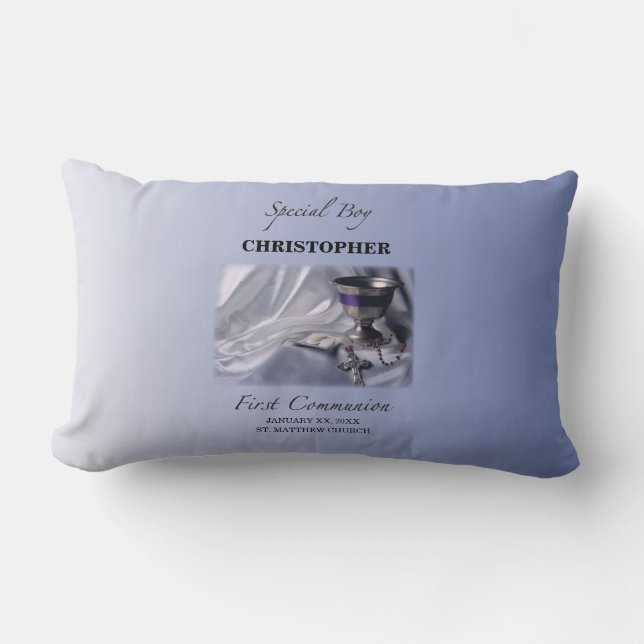 Personalise, Boy, First Communion Blue Lumbar Cushion (Front)