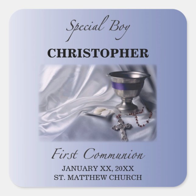Personalise, Boy, First Communion Blue Square Sticker (Front)