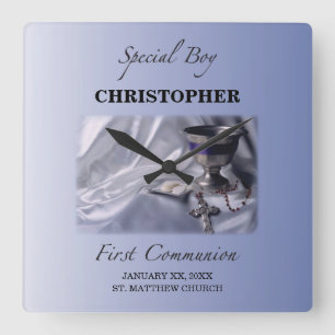 Personalise, Boy, First Communion Blue Square Wall Clock