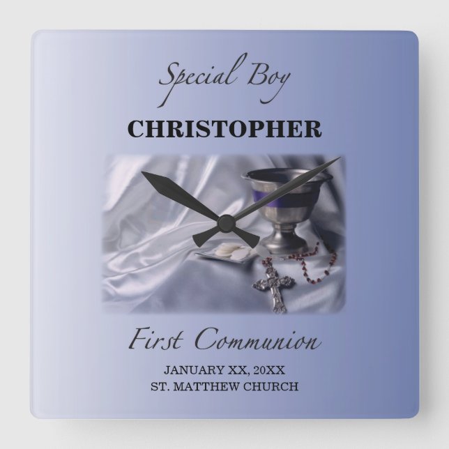 Personalise, Boy, First Communion Blue Square Wall Clock (Front)