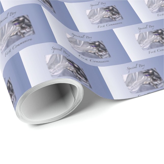 Personalise, Boy, First Communion Blue Wrapping Paper (Roll Corner)