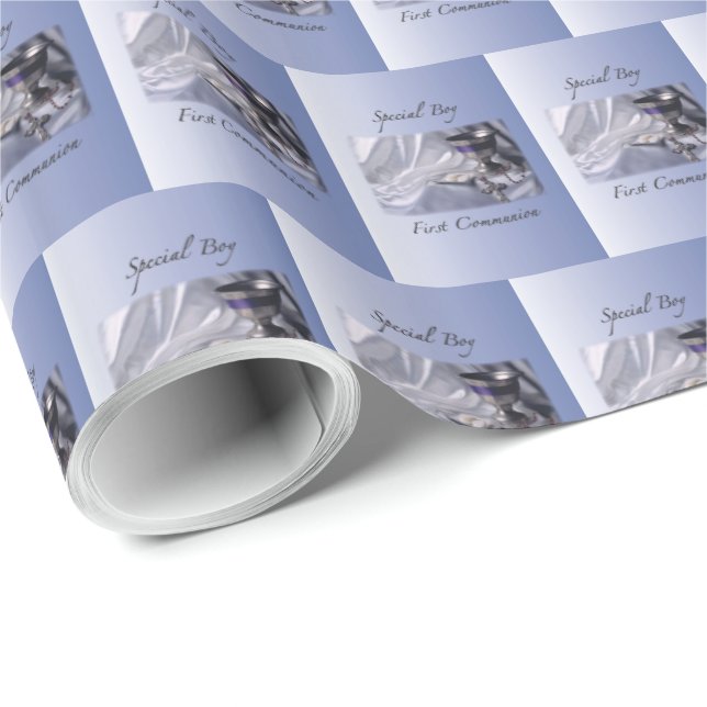 Personalise, Boy, First Communion Blue Wrapping Paper (Roll Corner)