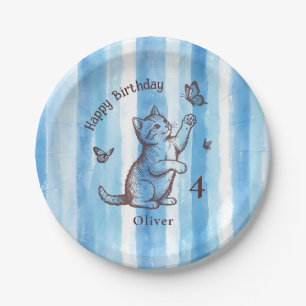 Personalise Boy Vintage Blue Kitten Birthday Paper Plate