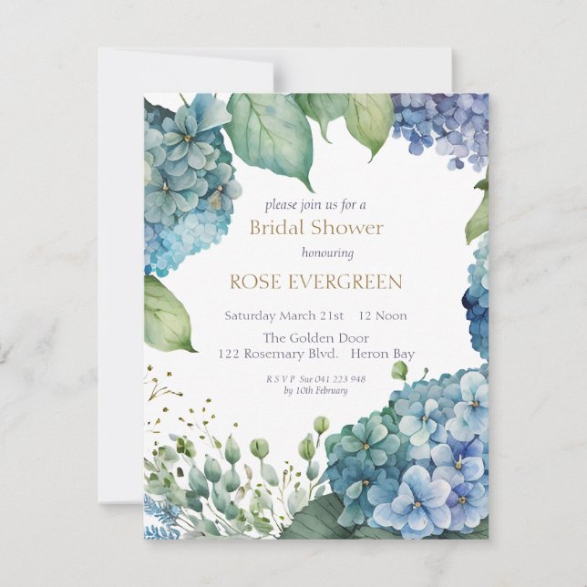 Personalise Bridal Shower Blue Hydrangea  Invitation (Front)