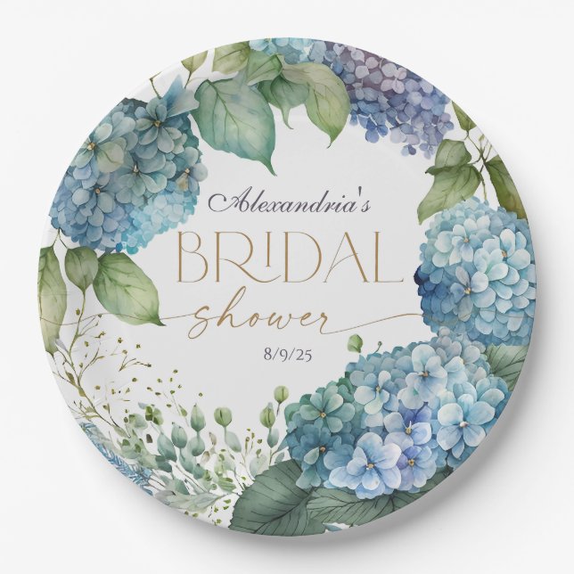 Personalise Bridal Shower Blue Hydrangeas Paper Plate (Front)
