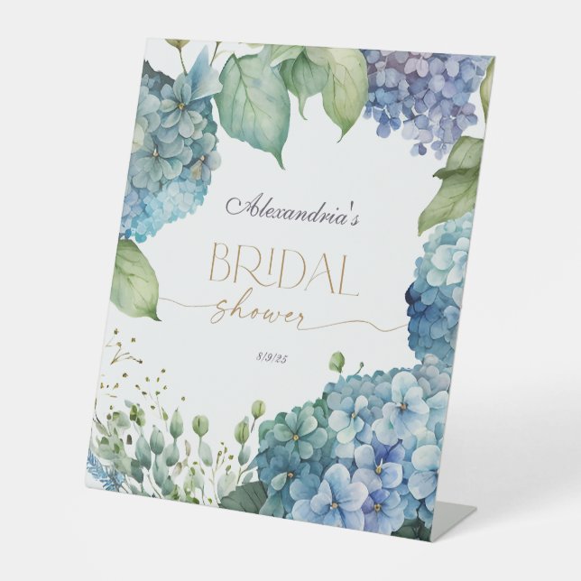 Personalise Bridal Shower Blue Hydrangeas Pedestal Sign (Front)