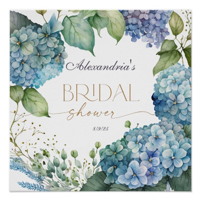 Personalise Bridal Shower Blue Hydrangeas Poster (Front)