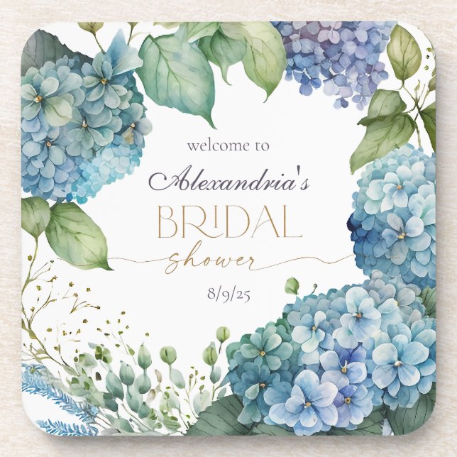 Personalise Bridal Shower Blue Hydrangeas Welcome Coaster (Front)