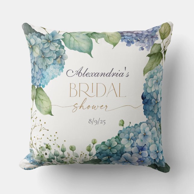 Personalise Bridal Shower Blue Hydrangeas Welcome Cushion (Front)