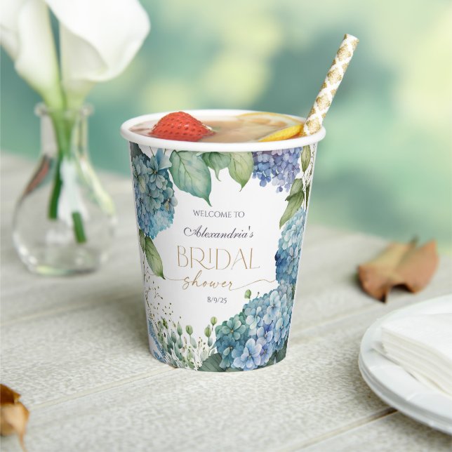 Personalise Bridal Shower Blue Hydrangeas Welcome Paper Cups (Insitu)