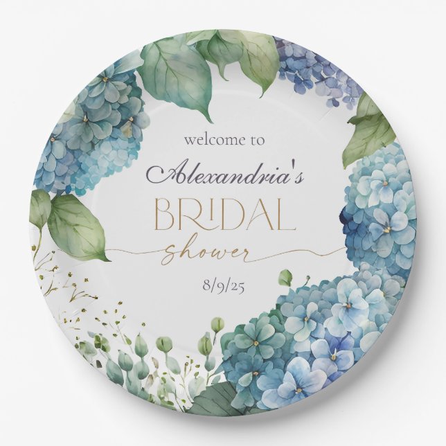 Personalise Bridal Shower Blue Hydrangeas Welcome Paper Plate (Front)