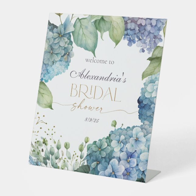 Personalise Bridal Shower Blue Hydrangeas Welcome Pedestal Sign (Front)